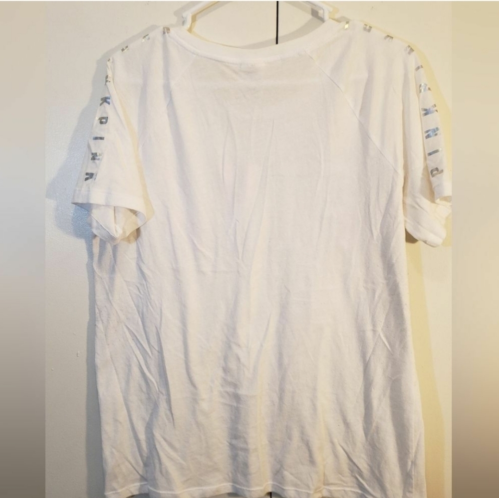 Victoria’s Secret PINK Large White Blue Watercolor Silver Holographic T-shirt - Picture 3 of 8